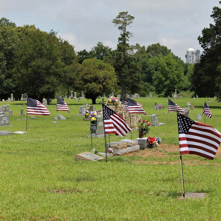 flags at a grave site 